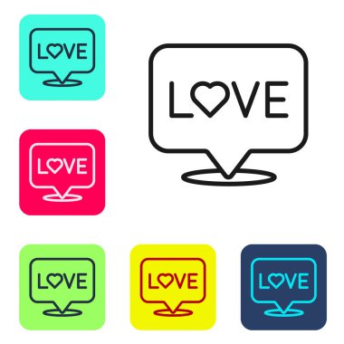 Siyah satır Aşk metin simgesi beyaz arkaplanda izole. Sevgililer Günü tebrik kartı şablonu. Renkli kare düğmelerle simgeleri ayarla. Vektör.