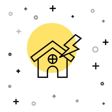 Beyaz arka planda siyah çizgi Ev ve şimşek ikonu var. Ev ya da mülk sigortası sembolü olarak şimşeği olan bir ev. Rastgele dinamik şekiller. Vektör.