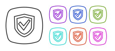 Beyaz arkaplanda siyah çizgi kalkan simgesi izole edildi. Sigorta konsepti. Gardiyan. Güvenlik, güvenlik, koruma, gizlilik kavramı. Simgeleri renklendirin. Vektör.