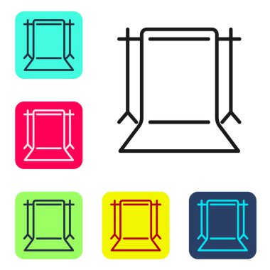 Siyah çizgi Boş fotoğraf stüdyosu simgesi beyaz arkaplanda izole edildi. Perde arkası. Renkli kare düğmelerle simgeleri ayarla. Vektör.