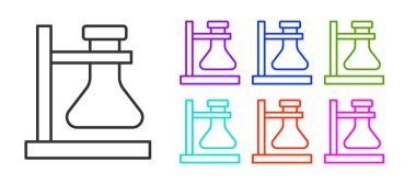 Beyaz arka planda izole edilmiş siyah çizgi cam tüp deney tüpü ikonu. Laboratuvar ekipmanları. Simgeleri renklendirin. Vektör.