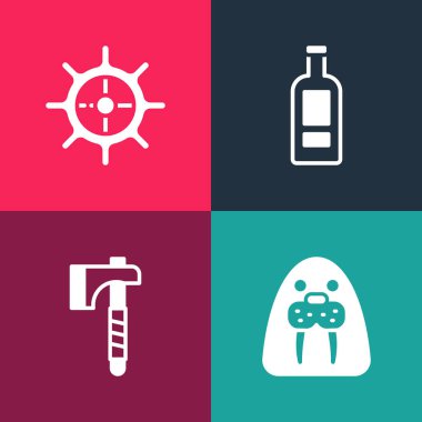 Pop Art Walrus hayvan baltası votka şişesi ve direksiyon ikonu hazırla. Vektör.