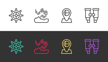 Ship direksiyonu, Kuzey ışıkları, İzlanda bayrağı ve siyah beyaz dürbünler ayarlayın. Vektör.