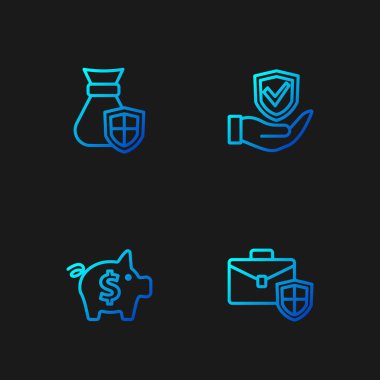 Shield ve Piggy Bankası 'nın para çantasıyla birlikte evrak çantasını hazırla. Renk simgeleri. Vektör.