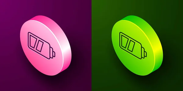 在紫色和绿色背景上隔离的用于相机图标的等距线电池 闪电的象征 圆形按钮 — 图库矢量图片