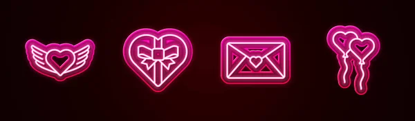 Set Line Coeur Avec Ailes Boîte Forme Coeur Bonbons Enveloppe — Image vectorielle