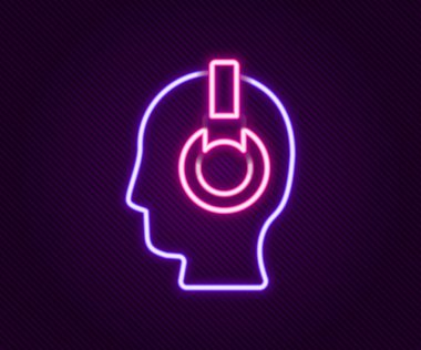 Siyah arkaplanda izole edilmiş bir kulaklık simgesi olan parlak neon çizgili adam. Destek operatörü hatta. Çağrı merkezi konsepti, müşteri destek servisi. Renkli taslak konsepti. Vektör.