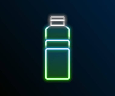 Parlayan neon hattı fitness karıştırıcı simgesi siyah arkaplanda izole edildi. Su ve protein kokteylleri için kapaklı spor karıştırıcı şişesi. Renkli taslak konsepti. Vektör.