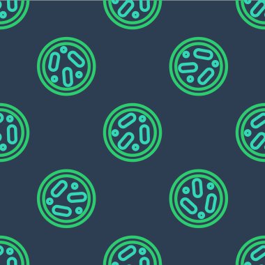 Bakteri ikonlu Line Petri kabı mavi arka planda izole edilmiş pürüzsüz desen. Vektör.