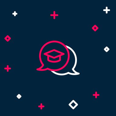 Konuşma baloncuğu simgesinde satır mezuniyet kapağı mavi arkaplanda izole edildi. Tassel ikonlu mezuniyet şapkası. Renkli taslak konsepti. Vektör.