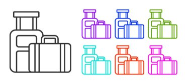 Seyahat simgesi için siyah bavul beyaz arkaplanda izole edildi. Seyahat bagaj tabelası. Seyahat bagaj ikonu. Simgeleri renklendirin. Vektör.