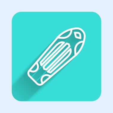 Beyaz çizgi kaykay güvertesi simgesi uzun gölge arkaplanı ile izole edildi. Olağanüstü bir spor. Spor malzemeleri. Yeşil kare düğmesi. Vektör.