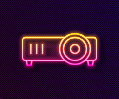 Parlak neon hattı sunumu, film, film, medya projektörü simgesi siyah arkaplanda izole edildi. Vektör.