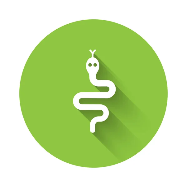 Biała Ikona Węża Odizolowana Długim Tle Cienia Zielony Przycisk Koła — Wektor stockowy