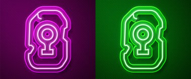 Parlayan neon çizgisi sihirli mühür simgesi mor ve yeşil arkaplanda izole edildi. Rune taşı. Vektör.