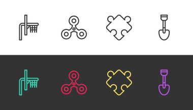 Sıralı basketbol tahtası, Fidget fırıldağı, bulmaca parçaları oyuncağı ve siyah beyaz kürek. Vektör.