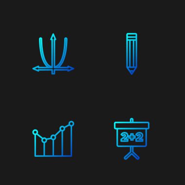 Çizgi tahtası, çizelge, çizelge, çizelge, diyagram ve kalem ayarlayın. Renk simgeleri. Vektör.