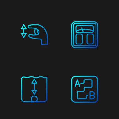 Hat güzergahını, derinlik ölçümünü, yaklaşık ölçümleri ve banyo terazisini ayarlayın. Renk simgeleri. Vektör.