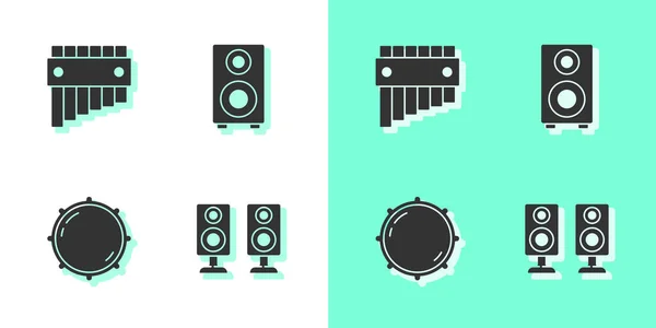 Set Stereo Lautsprecher Panflöte Drehknopf Pegel Und Symbol Vektor — Stockvektor