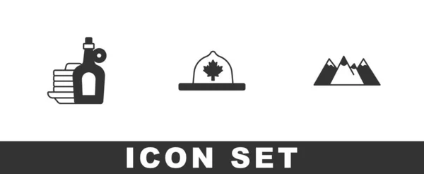 Set Siroop Met Pannenkoeken Canadese Ranger Hoed Bergen Icoon Vector — Stockvector
