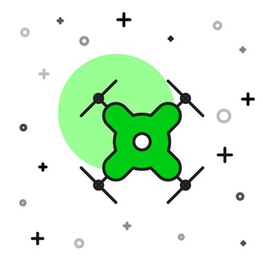 Uçan İHA ikonu beyaz arka planda izole edildi. Video ve fotoğraf makinesi sembollü dörtlü helikopter. Vektör