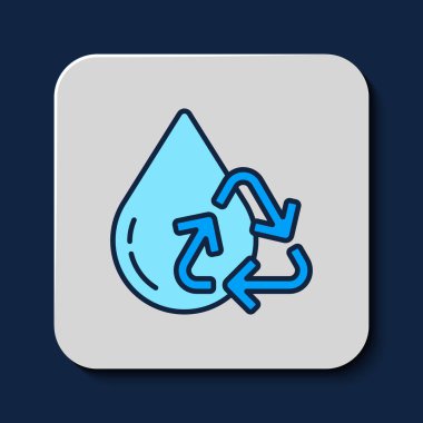 Doldurulmuş ana hatlar temiz su simgesi mavi arkaplanda izole edildi. İşaret geri dönüşümlü bir damla su. Vektör