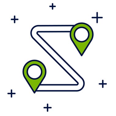 Doldurulmuş ana hat konum simgesi beyaz arkaplanda izole edildi. Harita işaretçisi işareti. Yol ya da yol kavramı. GPS navigatörü. Vektör