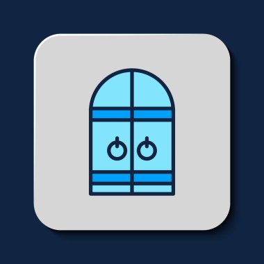 Mavi arka planda izole edilmiş Ortaçağ kale kapısı simgesi. Ortaçağ kalesi. Düşmanlardan koruma. Vektör