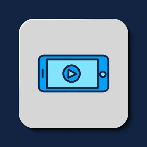 フルアウトライン青い背景に隔離されたオンラインプレイビデオアイコン プレイサイン付きのスマートフォンやフィルムストリップ ベクトル — ストックベクタ