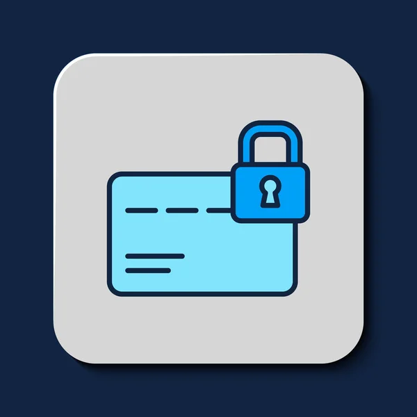 記入されたアウトライン青の背景にロックアイコンでクレジットカード ロックされた銀行カード セキュリティ 安全な支払いの概念 ベクトル — ストックベクタ