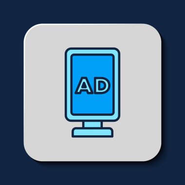 Doldurulmuş ana hat reklam simgesi mavi arkaplanda izole edildi. Pazarlama ve tanıtım süreci kavramı. İlgili reklamlar. Sosyal medya reklamcılığı. Vektör