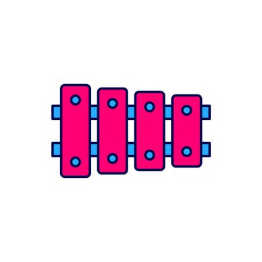 Xylophone ana hatlarıyla doldurulmuş - 13 tahta çubuklu müzik aleti ve beyaz arka planda izole edilmiş iki perküsyon tokmağı. Vektör.