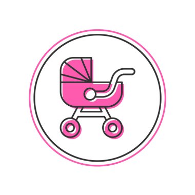 Doldurulmuş bebek arabası simgesi beyaz arkaplanda izole edildi. Bebek arabası, at arabası, bebek arabası, bebek arabası, tekerlek. Vektör.