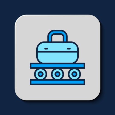 Filled outline Airport conveyor belt with passenger luggage, suitcase, bag, baggage icon isolated on blue background. Vector.