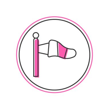 Ana hatlarıyla doldurulmuş koni meteorolojisi rüzgar gülü ikonu beyaz arka planda izole edilmiş. Rüzgâr Sock rüzgarın yönünü ve gücünü gösteriyor. Vektör.