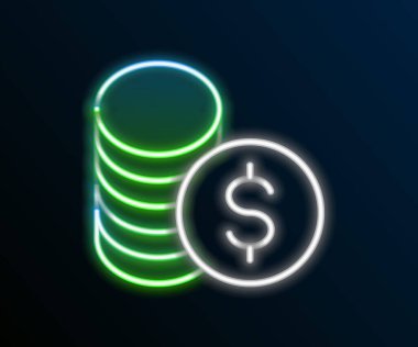 Parlak neon hattı parası ve siyah arka planda izole edilmiş dolar sembolü simgesi. Bankacılık işareti. Para sembolü. Renkli taslak konsepti. Vektör.