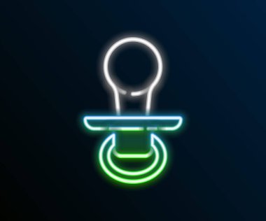Parlayan neon hattı Bebek Emzik simgesi siyah arkaplanda izole edildi. Çocuk oyuncağı. Renkli taslak konsepti. Vektör.