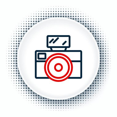 Işık flaş ikonuna sahip çizgi fotoğraf makinesi beyaz arkaplanda izole edildi. Foto kamera. Dijital fotoğrafçılık. Renkli taslak konsepti. Vektör.