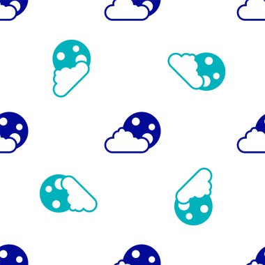 Mavi Ay ve yıldızların simgesi beyaz arkaplanda izole edilmiş kusursuz desen. Bulutlu gece işareti. Uyku rüyalarının sembolü. Dolunay. Gece ya da yatak zamanı tabelası. Vektör.