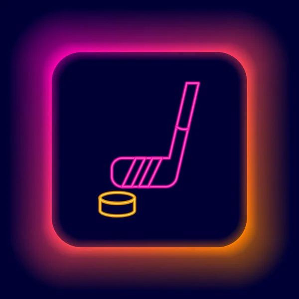 Glowing Neon Line Ice Hockey Stick Puck Icon Isolated Black — Stock Vector