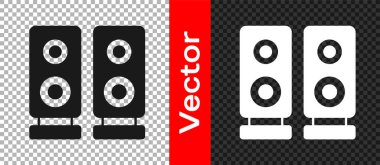 Siyah Stereo hoparlör simgesi şeffaf arkaplanda izole edildi. Ses sistemi hoparlörleri. Müzik ikonu. Müzikal sütun hoparlörü. Vektör.
