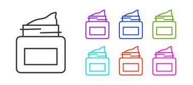 Beyaz arka planda siyah çizgi kremi ya da losyon kozmetik kavanozu ikonu var. Erkekler için vücut bakım ürünleri. Simgeleri renklendirin. Vektör.