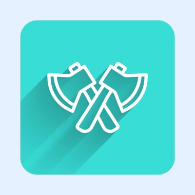 Beyaz çizgi tahta balta ikonu uzun gölge arkaplanı ile izole edilmiş. Oduncu baltası. Yeşil kare düğmesi. Vektör.