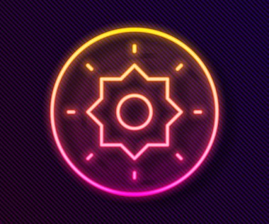 Parlayan neon hattı kalkan Viking simgesi siyah arkaplanda izole edildi. Yuvarlak ahşap kalkan. Güvenlik, güvenlik, koruma, mahremiyet, koruma kavramı. Vektör.