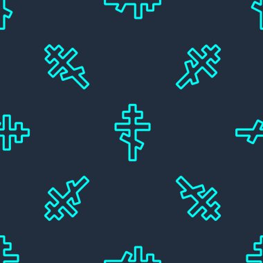 Yeşil çizgi Hıristiyan ikonu mavi arka planda izole edilmiş kusursuz desen. Kilise haçı. Vektör.