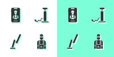 Araba tamircisini, çevrimiçi araba servisini, silecekleri ve hava pompası ikonunu ayarla. Vektör.