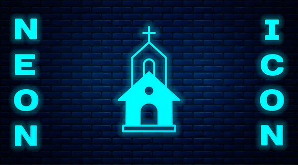 Icono Del Edificio Iglesia Neón Brillante Aislado Fondo Pared Ladrillo — Vector de stock