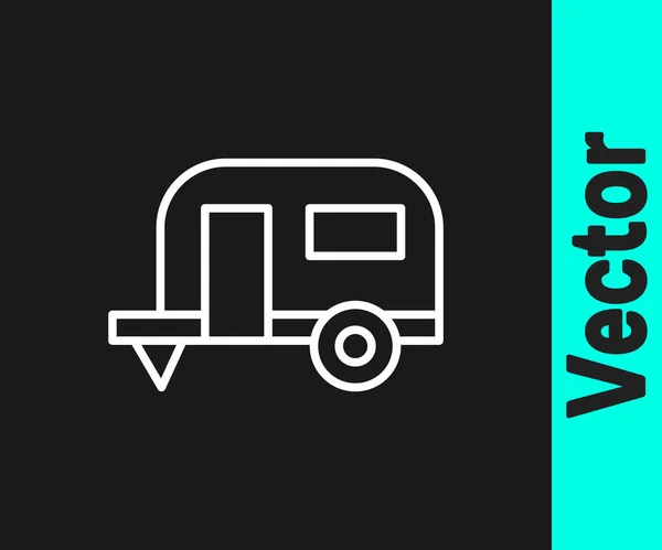 Fehér Vonal Camping Trailer Ikon Elszigetelt Fekete Háttér Utazó Mobil — Stock Vector