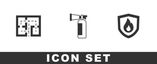 Establecer Plan Evacuación Extintor Incendios Escudo Protección Icono Vector — Vector de stock