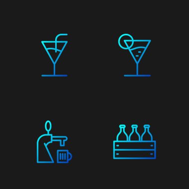 Ahşap bir kutuda şarap şişeleri, bardaklı bira musluğu, Kokteyl ve Martini. Renk simgeleri. Vektör.